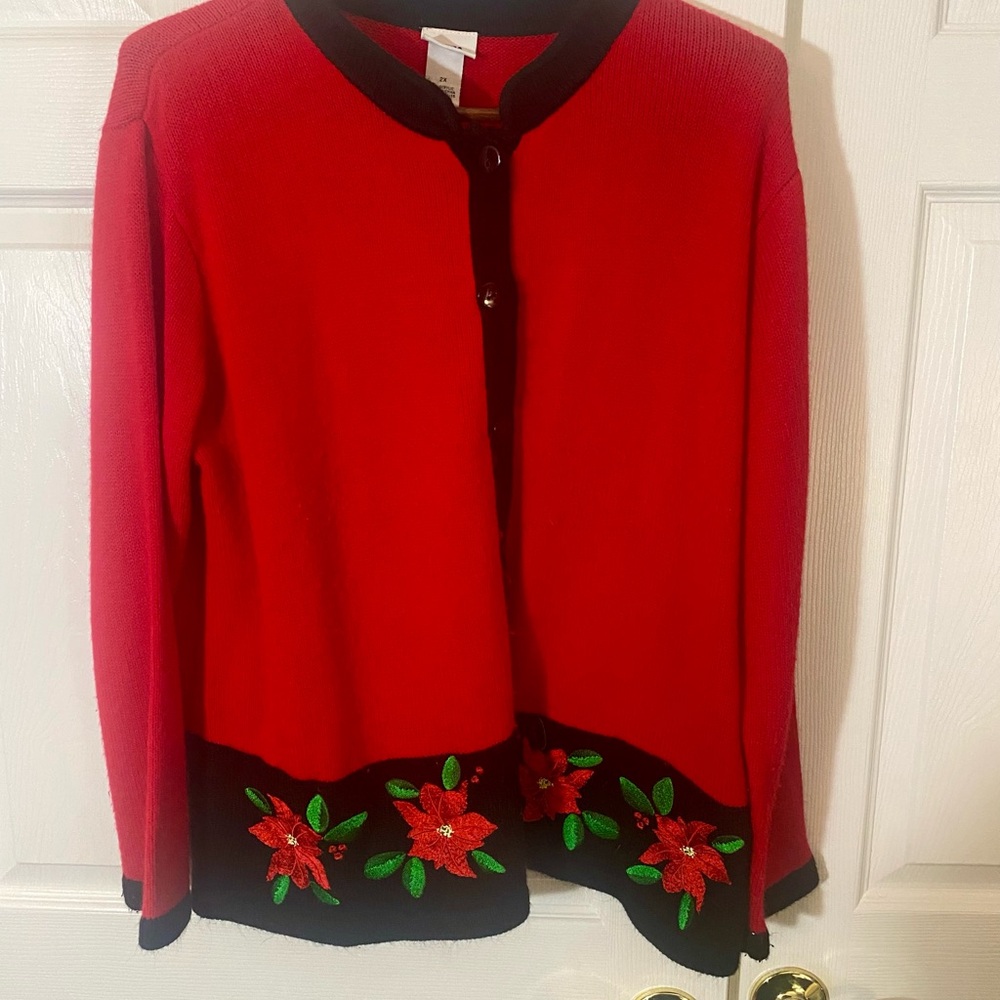 Red Green Holiday cardigan sweater embroidered Floral Christmas 🎄 Plus 2X